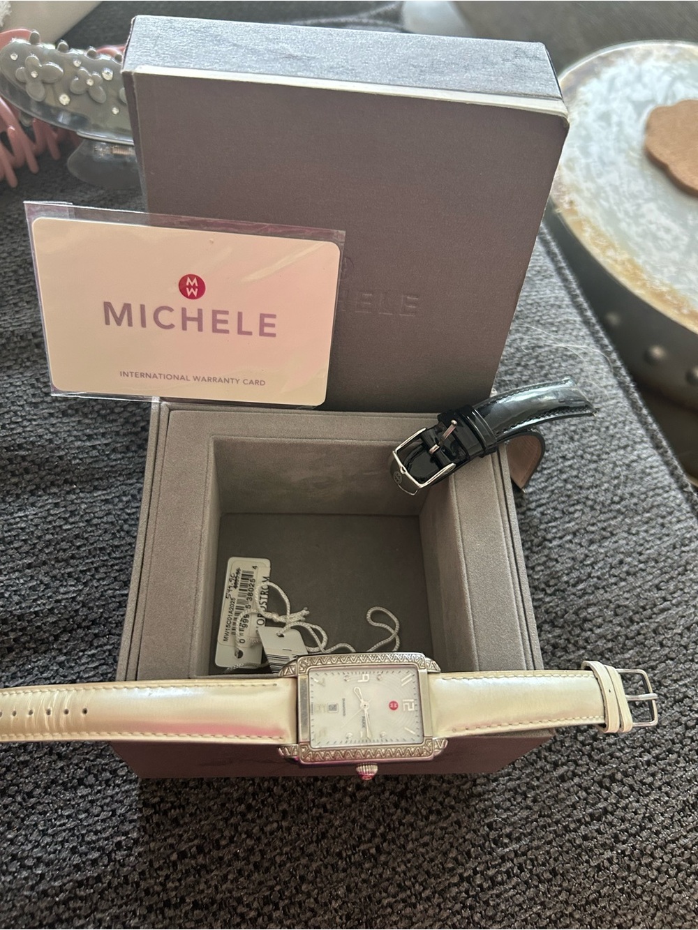 Michele Stainless Silver Case Watch with Beige Leather Strap